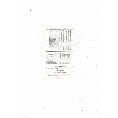 Brentford v Norwich City Football Combination Programme 1959/60