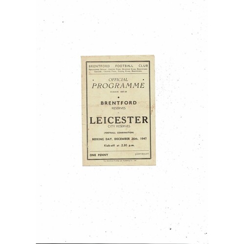 Brentford v Leicester City Football Combination Programme 1947/48