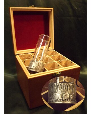 Embossed Antiqued Boar hunting numbered shot glasses