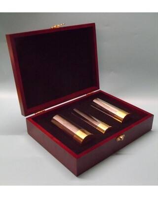 Wooden boxed flask, cups and gold plated SBS peg finders