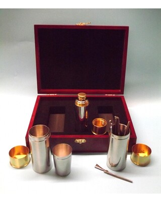 Wooden boxed flask, cups and gold plated SBS peg finders