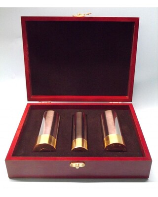 Wooden boxed flask, cups and pewter hammer gun peg finders