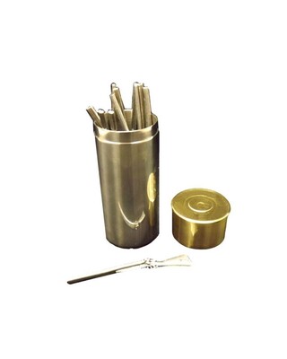 Wooden boxed flask, cups and pewter hammer gun peg finders