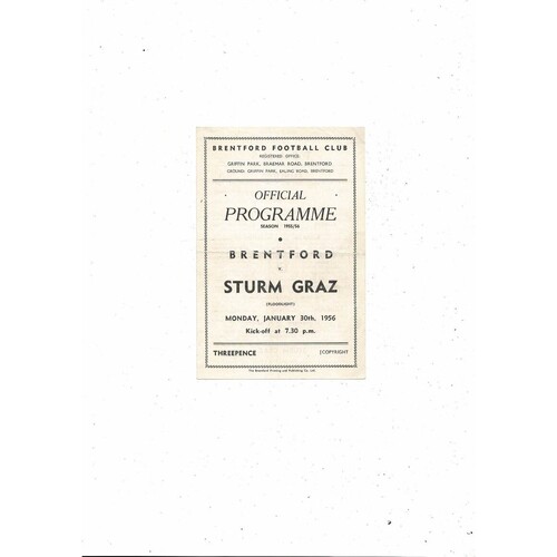 Brentford v Strum Graz Friendly Football Programme 1955/56