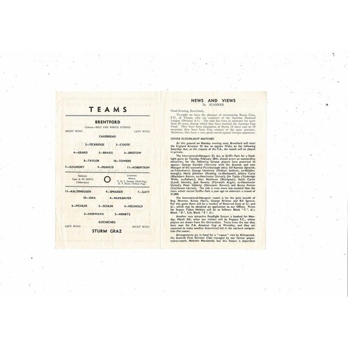Brentford v Strum Graz Friendly Football Programme 1955/56