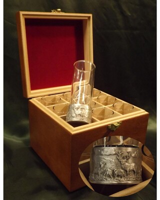 Embossed Antiqued Deer Stalking numbered shot glasses