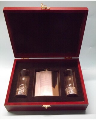 Wooden Gift boxed polished flask & 2 pheasant embossed polished shot glasses