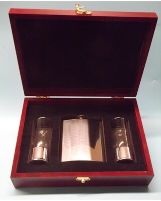 Wooden Gift boxed 8oz Brushed flask & embossed antiqued shot glasses