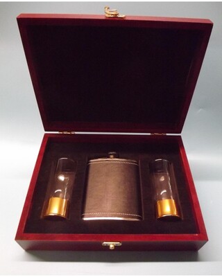 Wooden Gift boxed sim leather flask & anodized gold aluminium based shot glasses
