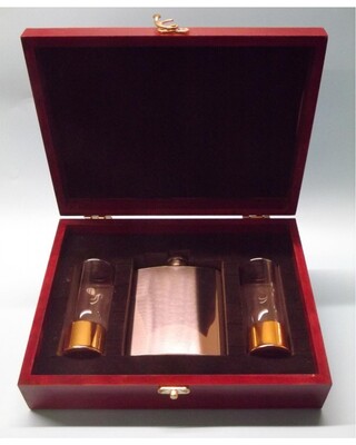 Wooden Gift boxed polished 7ozflask & anodized gold aluminium based shot glasses