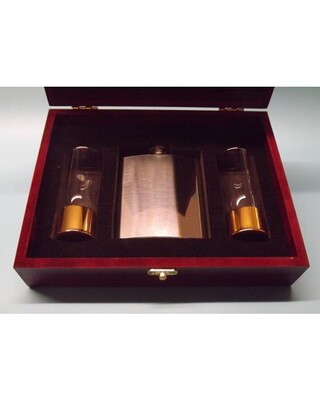 Wooden Gift boxed polished 7ozflask & anodized gold aluminium based shot glasses
