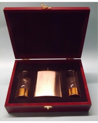 Wooden Gift boxed Brushed 8oz flask & anodized gold aluminium based shot glasses