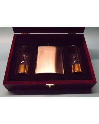 Wooden Gift boxed Brushed 8oz flask & anodized gold aluminium based shot glasses