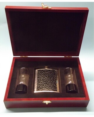 Wooden Gift boxed 7oz Duplex flask & anodized black aluminium based shot glasses