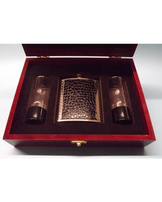 Wooden Gift boxed 7oz Duplex flask & anodized black aluminium based shot glasses
