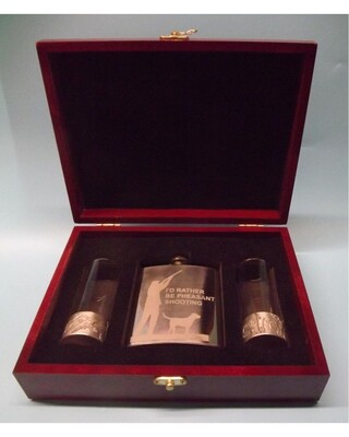 Wooden Gift boxed engraved polished 7oz flask (I'd rather be pheasant shooting) & embossed polished shot glasses