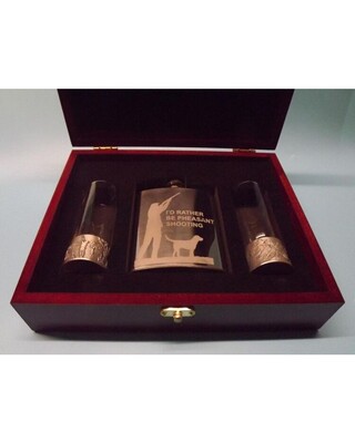 Wooden Gift boxed engraved polished 7oz flask (I'd rather be pheasant shooting) & embossed polished shot glasses