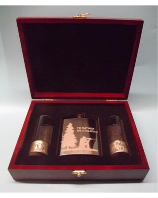 Wooden Gift boxed engraved polished 7oz flask (I'd rather be stalking) & embossed polished shot glasses