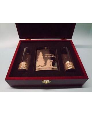 Wooden Gift boxed engraved polished 7oz flask (I'd rather be stalking) & embossed polished shot glasses