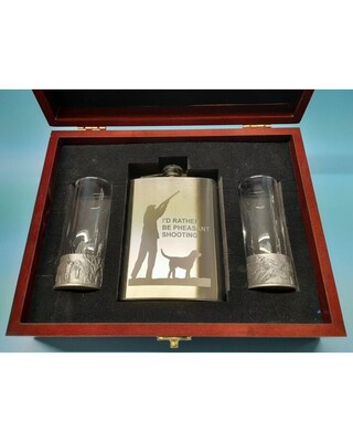 Wooden Gift boxed 8oz Brushed flask & embossed antiqued shot glasses