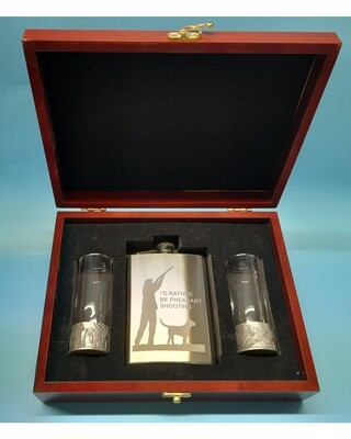 Wooden Gift boxed 8oz Brushed flask & embossed antiqued shot glasses