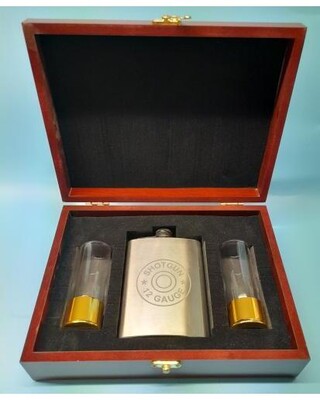 Wooden Gift boxed 8oz Engraved Brushed flask & Gold anodized shot glasses