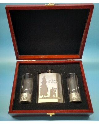 Wooden Gift boxed 8oz Brushed flask & embossed antiqued shot glasses
