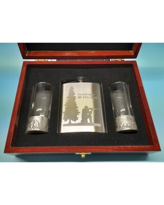 Wooden Gift boxed 8oz Brushed flask & embossed antiqued shot glasses