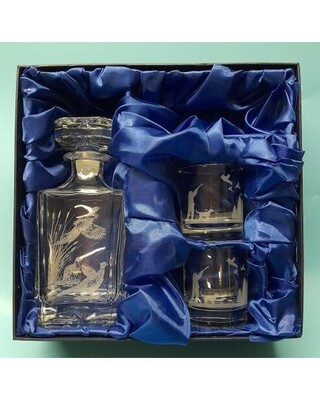 Decanter with pheasants engraving & Whisky glass with shooting engraving