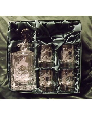 Pheasants Engraved Crystal decanter and 4 whisky glasses