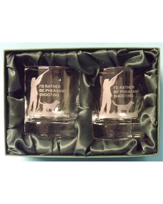 2 Engraved Whisky Glasses with "I'd rather be Pheasant Shooting" image