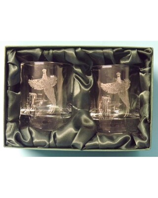 2 Engraved Whisky Glasses with Pheasant flying over fence image