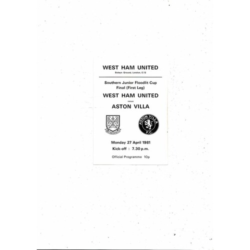 West Ham United v Aston Villa Southern Junior Cup Final Football Programme 1981