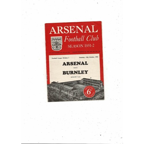 1951/52 Arsenal v Burnley Football Programme