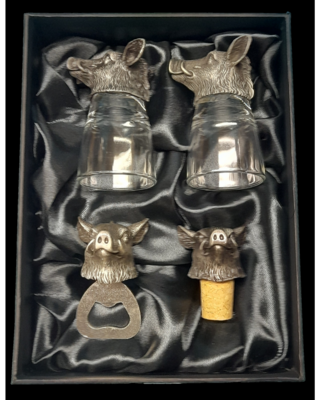 Beautiful white metal and nickel plated animal head bottle combo set. Large