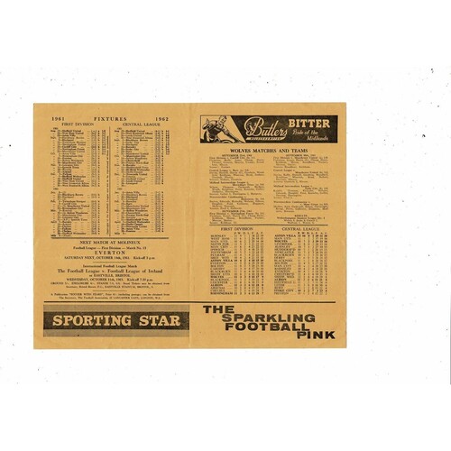 Wolves v Manchester City Central League Football Programme 1961/62