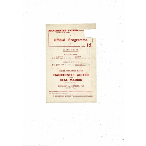 Manchester United v Leeds United Central League Football Programme 1959/60