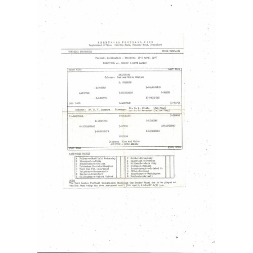 Brentford v Brighton Football Combination Programme 1965/66