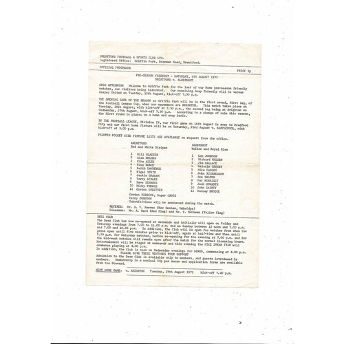 Brentford v Aldershot Friendly Football Programme 1975/76