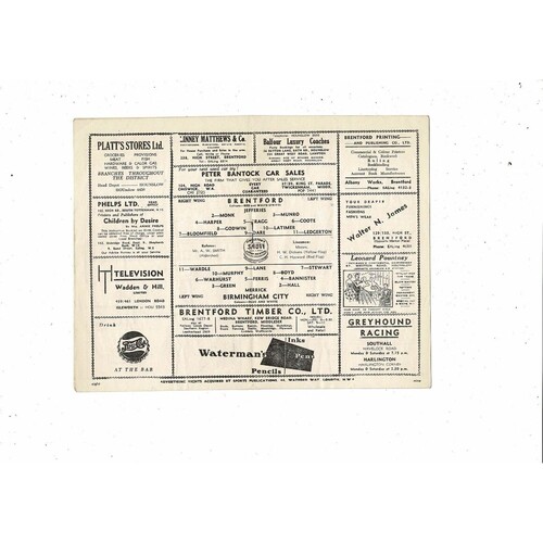 1952/53 Brentford v Birmingham City Football Programme