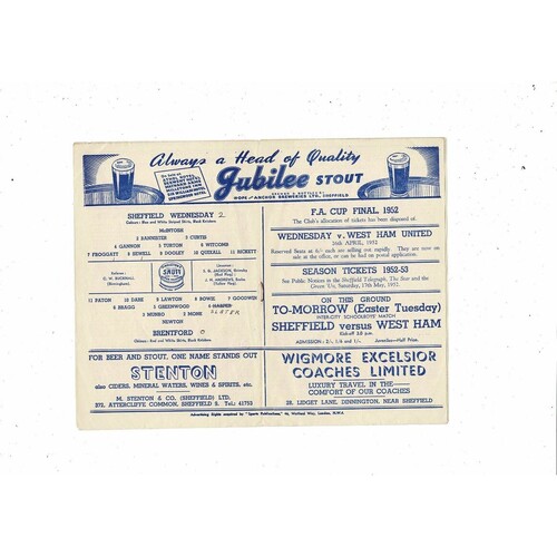 1951/52 Sheffield Wednesday v Brentford Football Programme