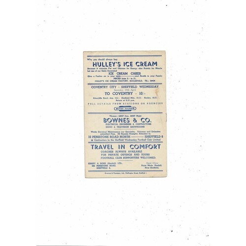 1951/52 Sheffield Wednesday v Brentford Football Programme