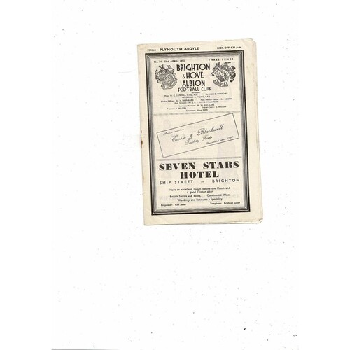 1951/52 Brighton v Plymouth Argyle Football Programme
