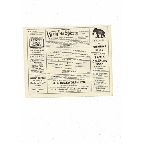 1961/62 Canterbury City v Ashford (Kent) Southern League Football Programme