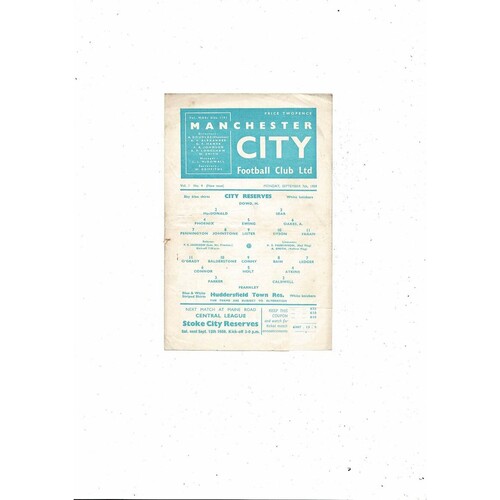 Manchester City v Huddersfield Town Central League Football Programme 1959/60