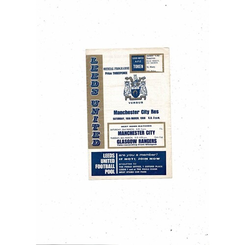 Leeds United v Manchester City Central League Football Programme 1967/68 March