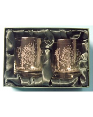 2 Engraved Whisky Glasses with "Honestly it was this BIG" image