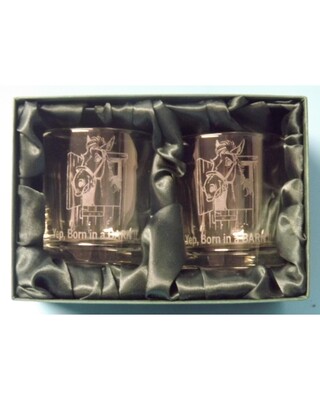 2 Engraved Whisky Glasses with "Yep Born in a Barn" image