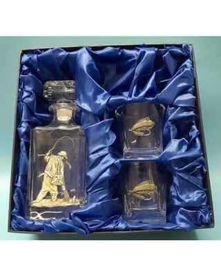 Decanter & Whisky glass set with fly fisherman/ fly embellishments