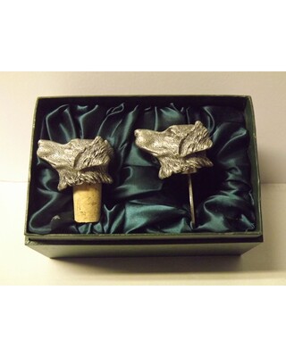 Beautiful white metal and nickel plated Labrador head bottle combo set.